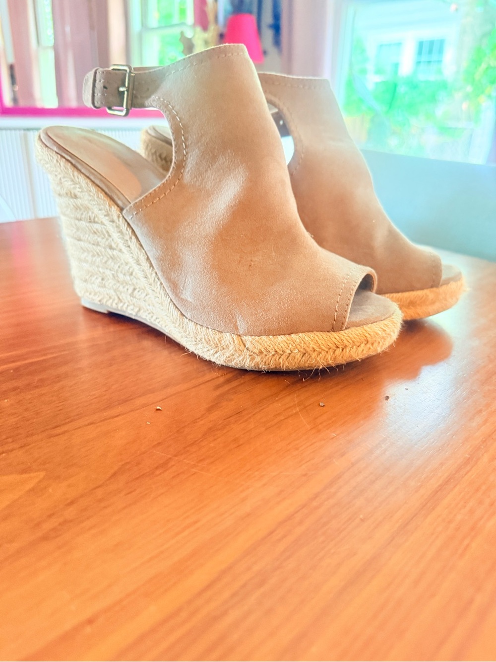 Universal Thread Taupe Suede Peep-Toe Espadrille Wedges